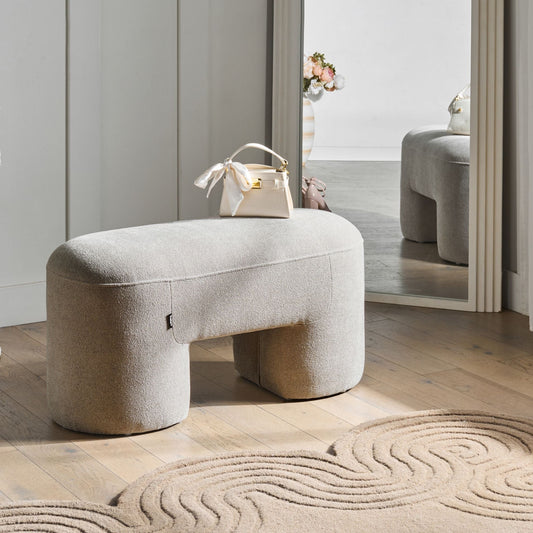 Beige Boucle Upholstered Accent Pouffe Bench With Wide Legs For Living Room And Bedroom