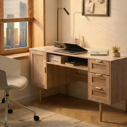 Everwood Home Office Desk MDF Light Brown Rattan Fronts 3 Drawers