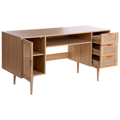Everwood Home Office Desk MDF Light Brown Rattan Fronts 3 Drawers