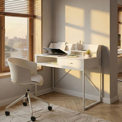 ScandiLine Office Desk White MDF And Metal Legs 110x50cm Drawer Shelf