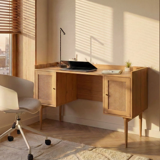 Aurora Home Office Desk MDF Light Brown Rattan Front 2-Door Storage