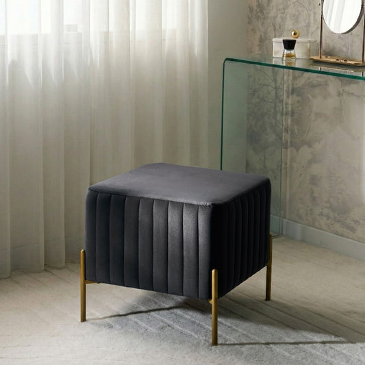 Velvet Footstool 47 x 47cm Black With Gold Metal Legs