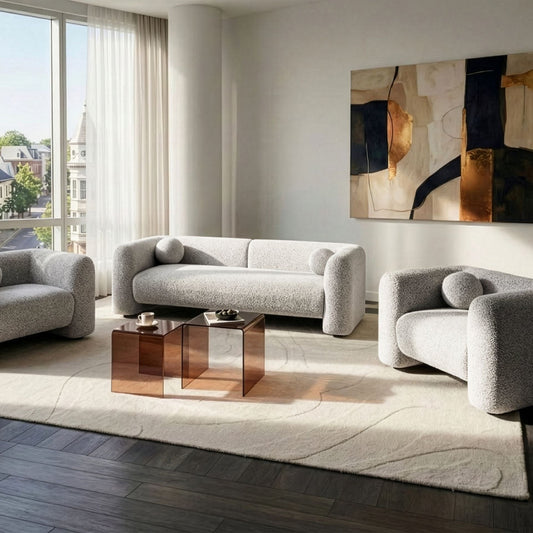 Retro Glam 5 Seater Beige Textured Fabric Sofa Set Armchair