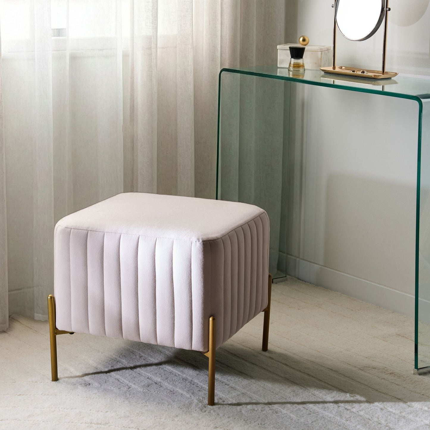 Footstool Taupe Velvet Ottoman With Gold Metal Legs 47 x 47cm Square Living Room