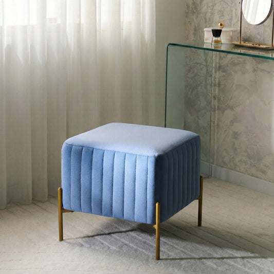 Home Footstool Blue Velvet Ottoman With Gold Metal Legs 47cm