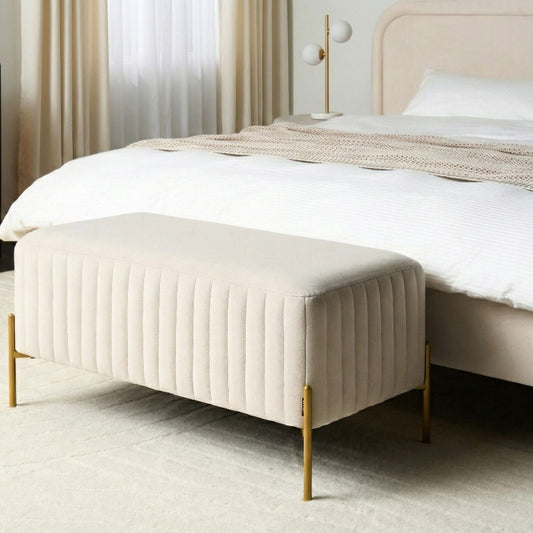 Off White Velvet Rectangular Bench With Gold Metal Legs 91 x 47cm Vertically Tufted