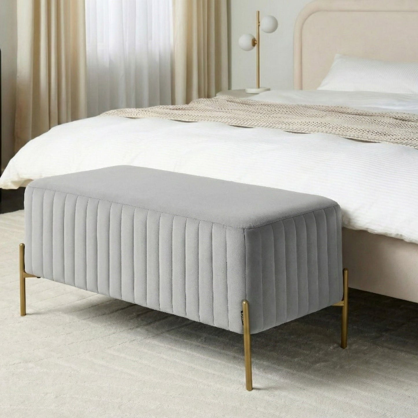 Velvet Grey Bench With Gold Metal Legs 91 x 47cm