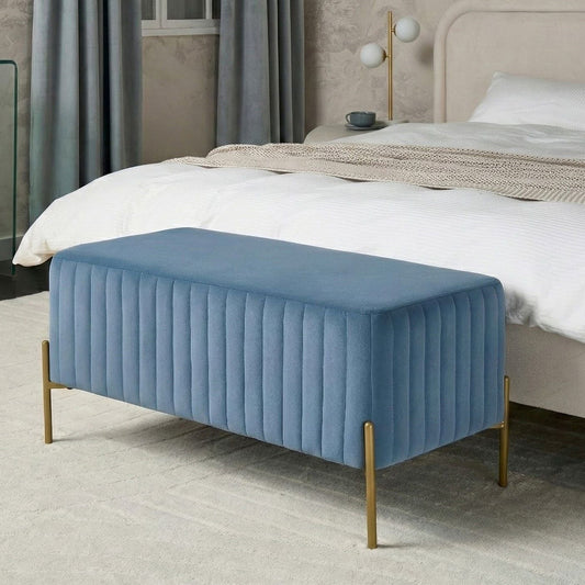 Blue Velvet Bench With Gold Metal Legs 91 x 47cm