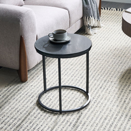 Side Table With Black Base And Marble Top 40cm Diameter Metal Frame Modern Living Room