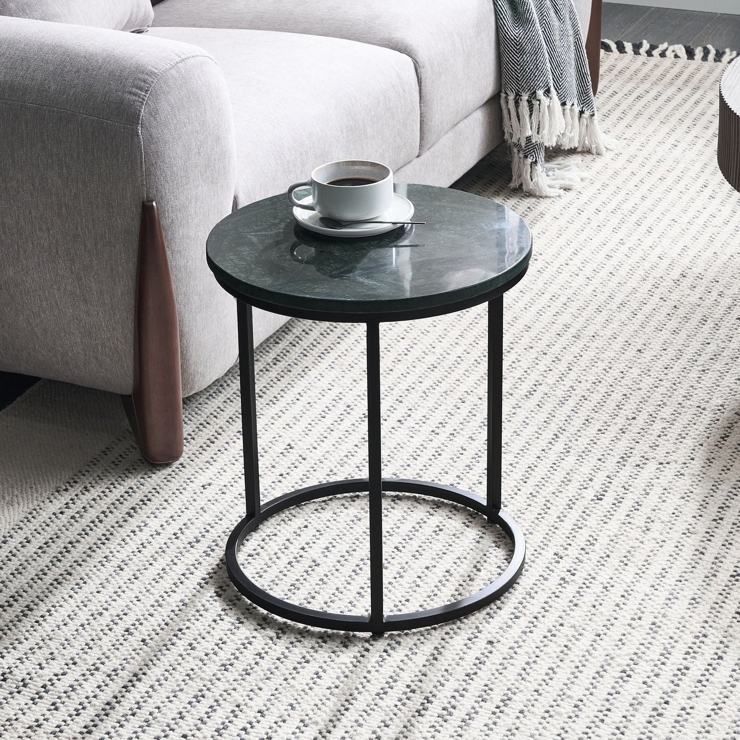Side Table Metal Frame Dark Green Base Marble Top 40cm