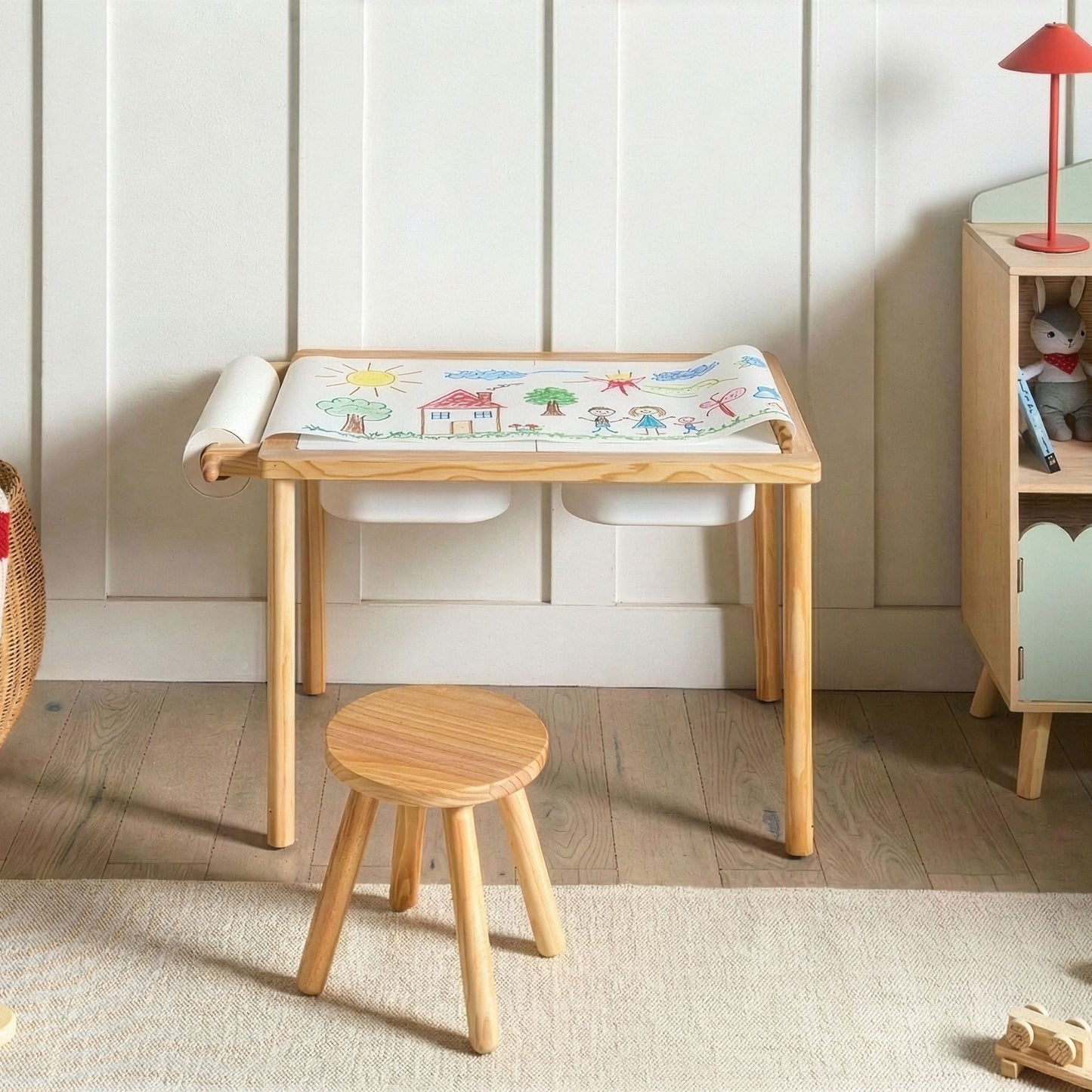 Montessori Kids Table And Stool Set Light Brown Pine Wood With Paper Roll And Chalkboard