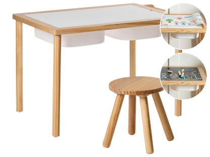Montessori Kids Table And Stool Set Light Brown Pine Wood With Paper Roll And Chalkboard