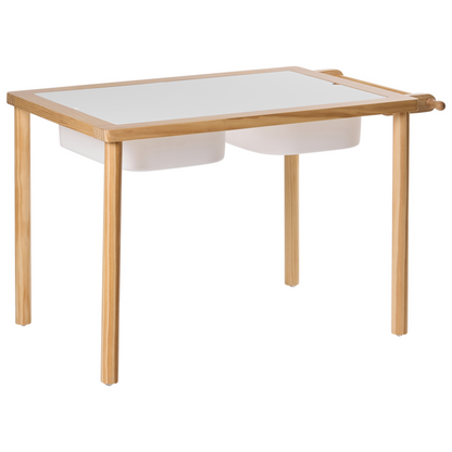 Montessori Kids Table And Stool Set Light Brown Pine Wood With Paper Roll And Chalkboard