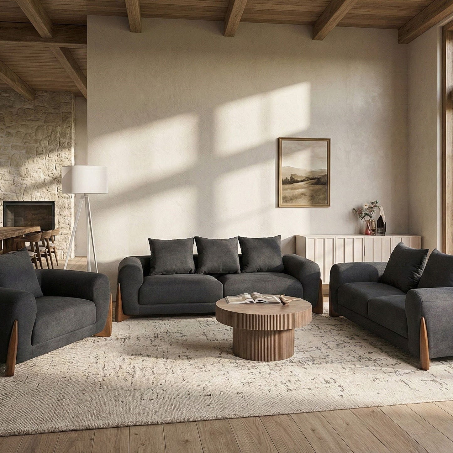 Living 6 Seater Sofa Set Black Fabric Upholstery With Armrests And Solid Wood Legs