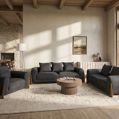 Living 6 Seater Sofa Set Black Fabric Upholstery With Armrests And Solid Wood Legs
