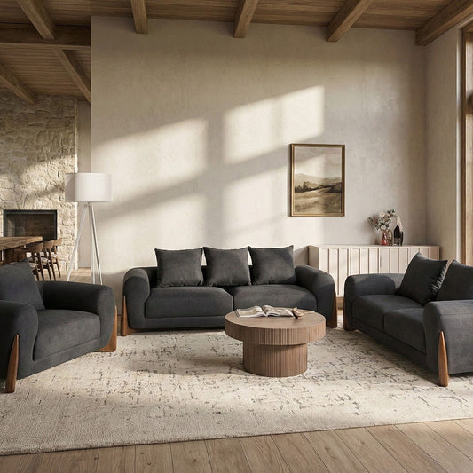 Living 6 Seater Sofa Set Black Fabric Upholstery With Armrests And Solid Wood Legs