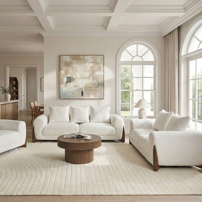 6 Seater White Boucle Sofa Set With Armrests And Wooden Legs
