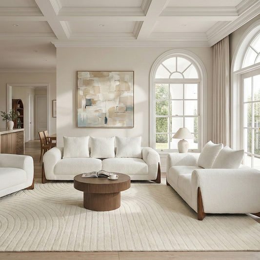 6 Seater White Boucle Sofa Set With Armrests And Wooden Legs