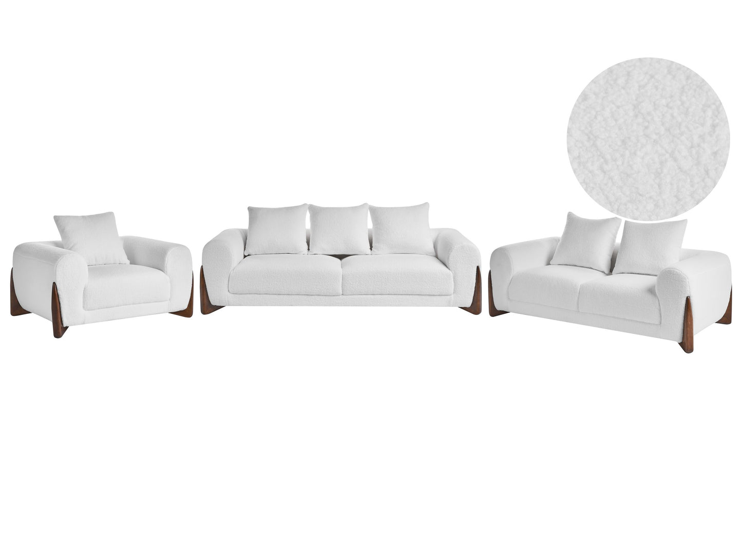 6 Seater White Boucle Sofa Set With Armrests And Wooden Legs