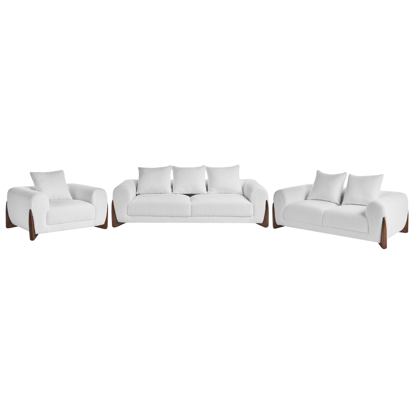 6 Seater White Boucle Sofa Set With Armrests And Wooden Legs