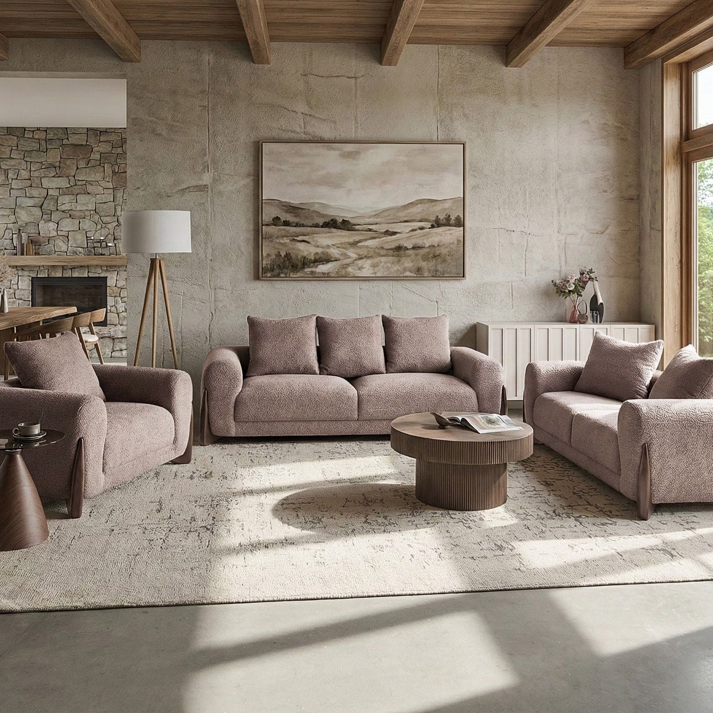 Brown Boucle 6 Seater Sofa Set With Armrests And Wooden Legs