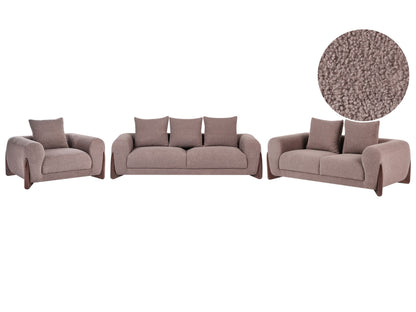 Brown Boucle 6 Seater Sofa Set With Armrests And Wooden Legs