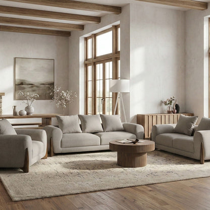 6 Seater Taupe Fabric Sofa Set With Wooden Legs