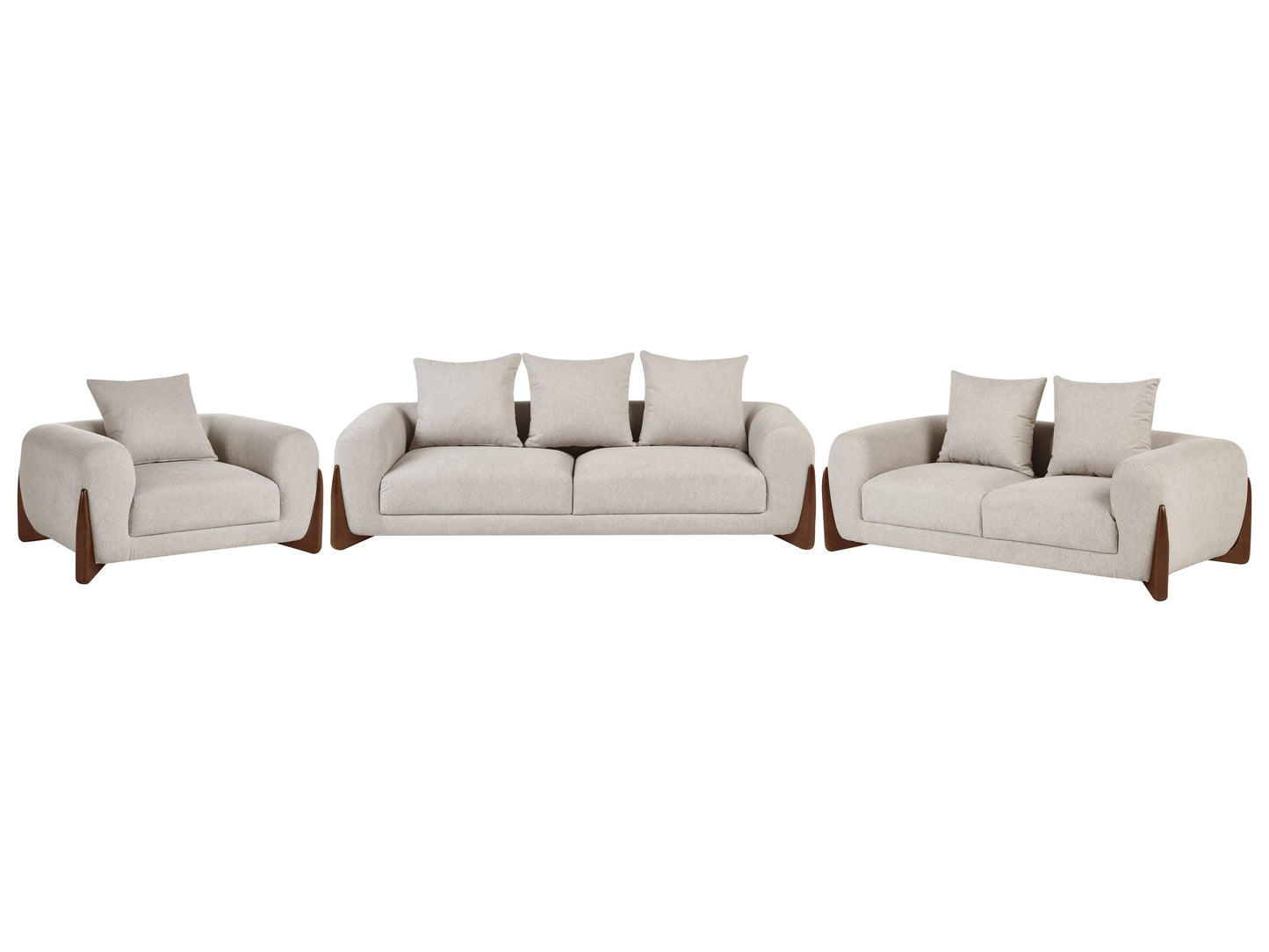 6 Seater Taupe Fabric Sofa Set With Wooden Legs
