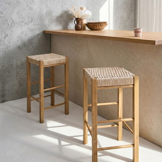 Set Of 2 Light Brown Rubber Wood Bar Stools With Woven Seats
