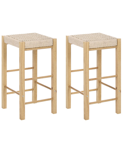 Set Of 2 Light Brown Rubber Wood Bar Stools With Woven Seats