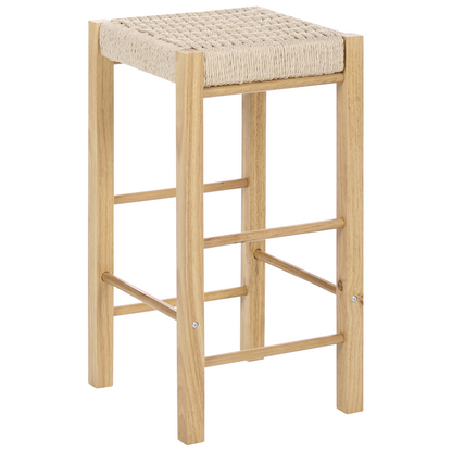 Set Of 2 Light Brown Rubber Wood Bar Stools With Woven Seats
