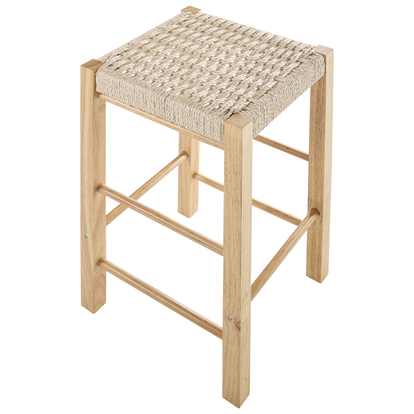 Set Of 2 Light Brown Rubber Wood Bar Stools With Woven Seats