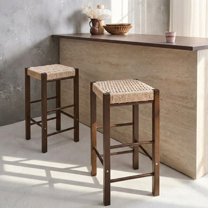 Boho Bar Stools Set Of 2 Dark Brown Rubber Wood Woven Seats