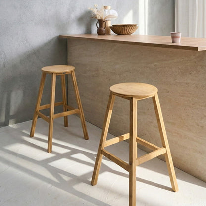 Set of 2 Bamboo Bar Stools Lightweight Light Brown Wood Classic Style for Kitchen Dining