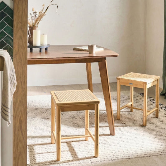 Bamboo Stool Set Of 2 Light Brown PE Rattan Woven Seat