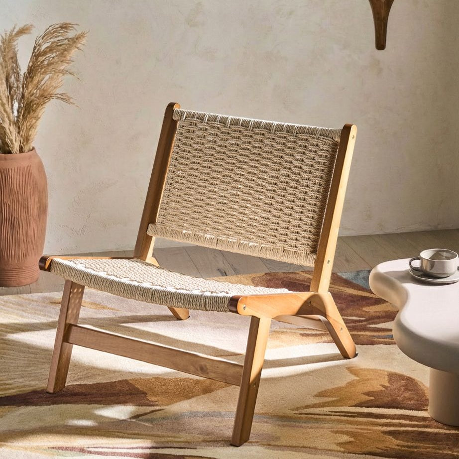 Arbor and Loom Armchair Brown Rubberwood Paper Rope Woven Seat Boho