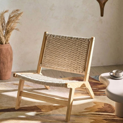 Armchair Light Brown Rubberwood Paper Rope Woven Seat Boho