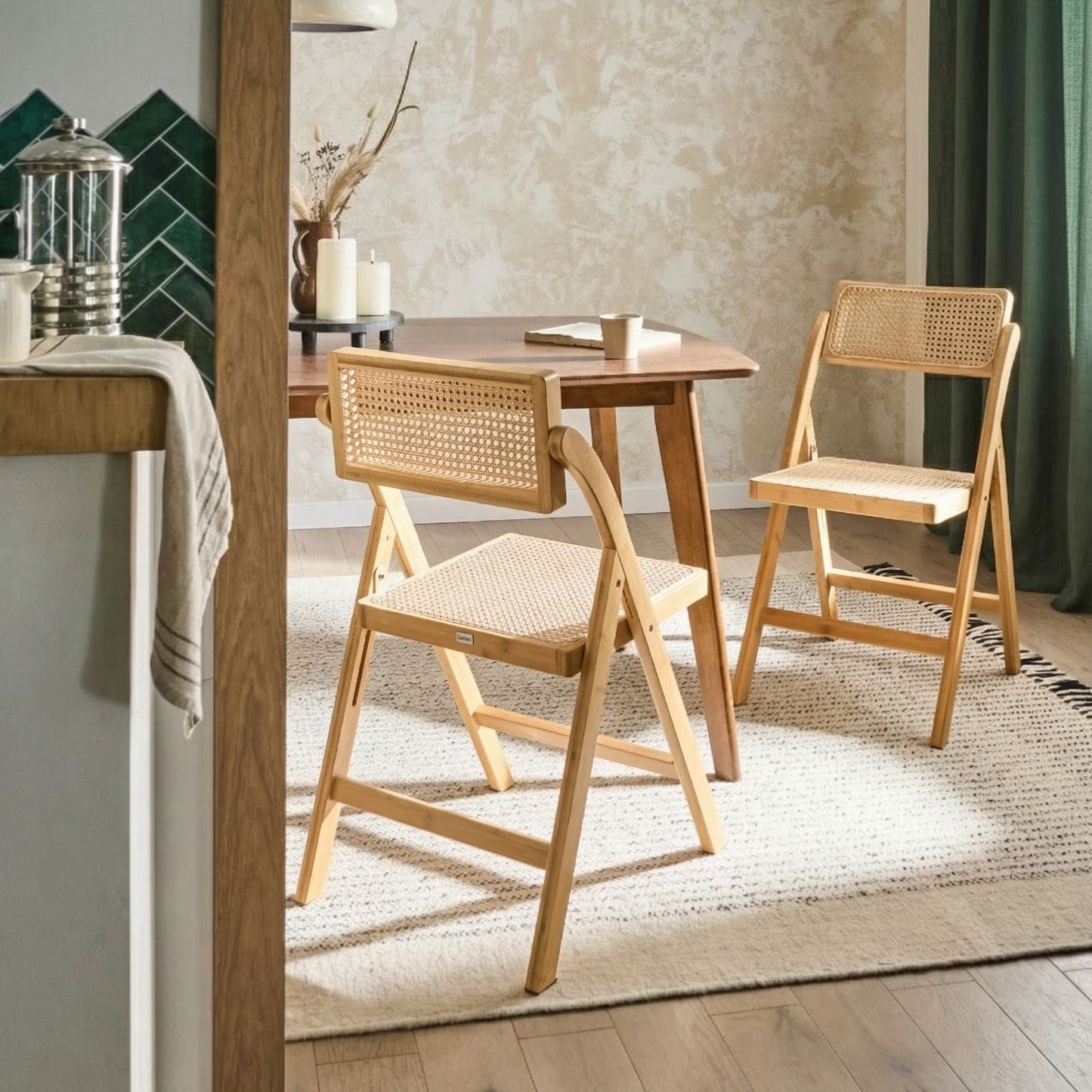 Set Of 2 Folding Dining Chairs Light Brown Rattan