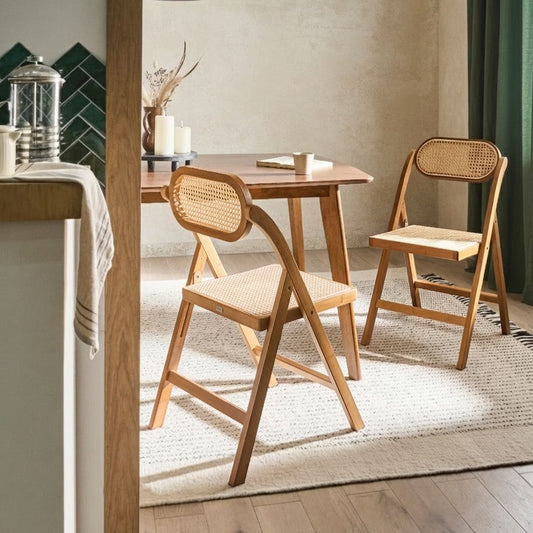 Brown Bamboo Wood Rattan Folding Dining Chairs Set Of 2 With Adjustable Backrest