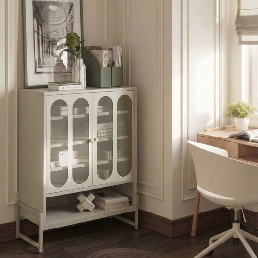 Beige Cashmere 2 Door Sideboard With Oval Perforated Doors And Five Shelves For Home Office