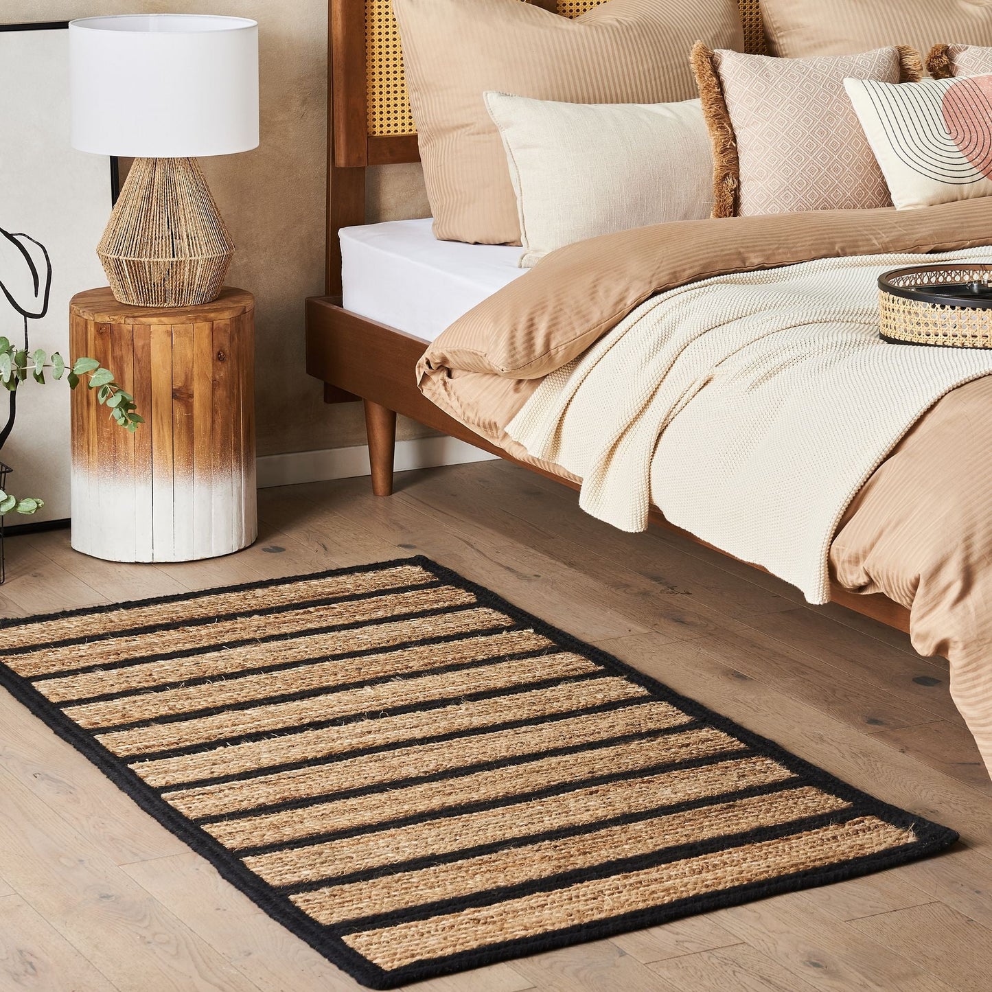 Rustic Boho Black Beige Cotton Jute Area Rug 80 x 150cm