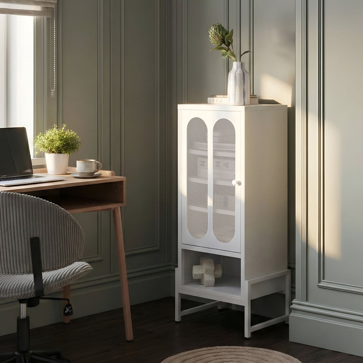 One Door White Steel Sideboard With Oval Perforated Doors