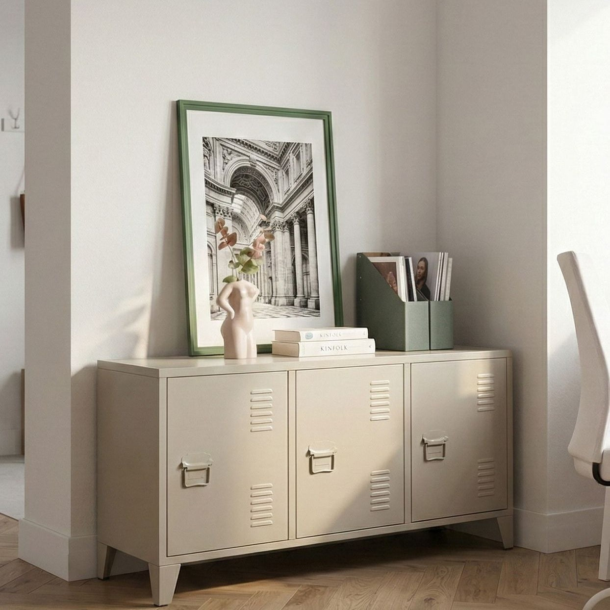 Home 3 Door Beige Steel Sideboard With Adjustable Shelves