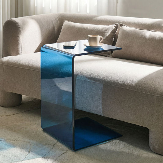 Side Table Cantilever Semi Transparent Blue Glass 40 X 61cm