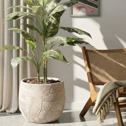 Fibre Clay Planter Beige 47cm Indoor Outdoor Leaf Pattern