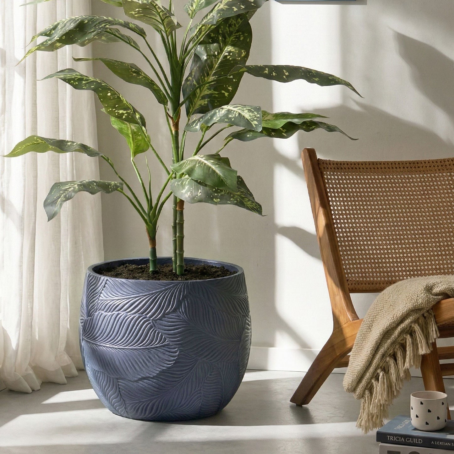 Leaf Pattern Grey Fibre Clay Indoor Outdoor Planter 47cm