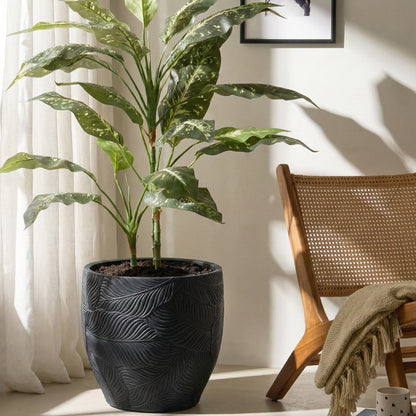 Black Fibre Clay Planter Round 42 Centimetres Indoor Outdoor Leaf Pattern Modern Design