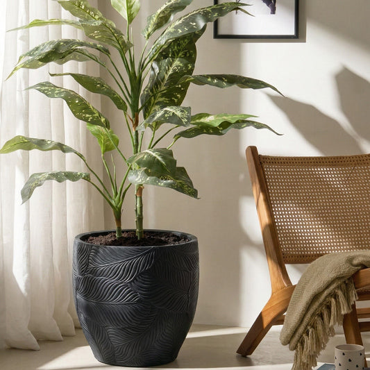 Black Fibre Clay Planter Round 42 Centimetres Indoor Outdoor Leaf Pattern Modern Design