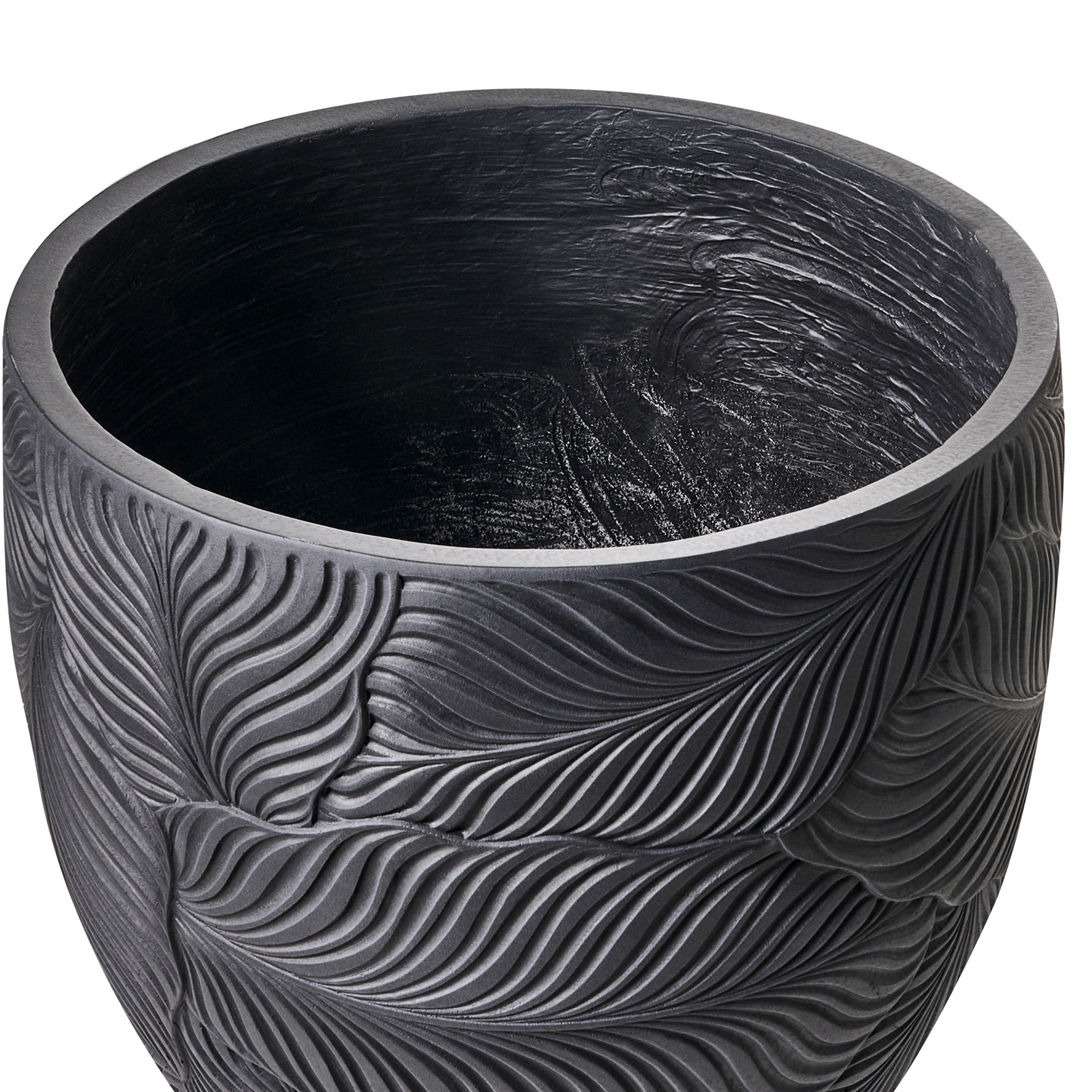 Black Fibre Clay Planter Round 42 Centimetres Indoor Outdoor Leaf Pattern Modern Design