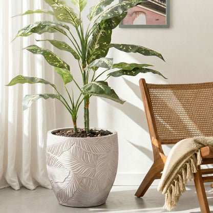 Beige Fibre Clay Flower Pot Light With Leaf Pattern Round 42cm Indoor Outdoor Planter